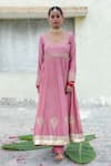 Buy_Pants and Pajamas_Pink Silk Chanderi Embroidery Zari Thread Round Floral Anarkali _at_Aza_Fashions