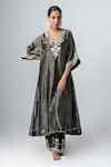 Buy_Pants and Pajamas_Black Woven Stripe Blunt V Neck Zari Kurta _at_Aza_Fashions