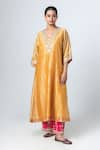 Buy_Pants and Pajamas_Yellow Woven Stripe Blunt V Neck Zari Kurta _at_Aza_Fashions