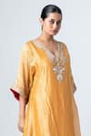 Pants and Pajamas_Yellow Woven Stripe Blunt V Neck Zari Kurta _Online_at_Aza_Fashions