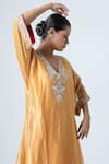 Shop_Pants and Pajamas_Yellow Woven Stripe Blunt V Neck Zari Kurta _Online_at_Aza_Fashions