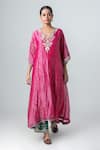 Pants and Pajamas_Pink Woven Stripe Blunt V Neck Kurta _Online_at_Aza_Fashions