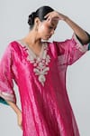 Pants and Pajamas_Pink Woven Stripe Blunt V Neck Kurta _at_Aza_Fashions