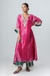 Buy_Pants and Pajamas_Pink Woven Stripe Blunt V Neck Kurta _at_Aza_Fashions