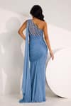 SILKY BINDRA_Blue Soft Net Embroidered Crystal One Shoulder Cielle Embellished Gown _Online_at_Aza_Fashions