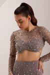 Shop_Silky Bindra_Grey Soft Net Embellished Crystal Elinor Bodycon Trail Lehenga With Blouse _at_Aza_Fashions