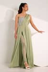 Buy_SILKY BINDRA_Green Satin Georgette Embroidered Mirela Embellished Slit Gown With Leggings _at_Aza_Fashions