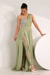 Buy_SILKY BINDRA_Green Satin Georgette Embroidered Mirela Embellished Slit Gown With Leggings _Online_at_Aza_Fashions