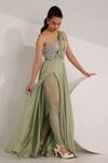 Shop_Silky Bindra_Green Satin Georgette Embroidered Mirela Embellished Slit Gown With Leggings _at_Aza_Fashions