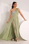 SILKY BINDRA_Green Satin Georgette Embroidered Mirela Embellished Slit Gown With Leggings _at_Aza_Fashions