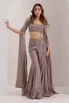 Buy_Silky Bindra_Grey Organza Embroidered Crystal Boat Neve Embellished Blouse With Flared Pant _at_Aza_Fashions