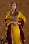 Ekavira_Yellow Silk Embellished Coin Round Shaira Patchwork Kurta Wrap Palazzo Set _at_Aza_Fashions