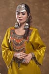 Shop_Ekavira_Yellow Silk Embroidery Tribal Coins Round Neck Shaira Kurta And Palazzo Set _Online_at_Aza_Fashions