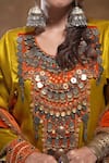 Ekavira_Yellow Silk Embroidery Tribal Coins Round Neck Shaira Kurta And Palazzo Set _Online