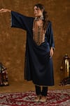 Ekavira_Blue Silk Embroidery Tribal Coins U Neck Zahra Placket Kurta Pant Set _Online_at_Aza_Fashions