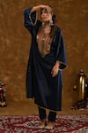 Shop_Ekavira_Blue Silk Embroidery Tribal Coins U Neck Zahra Placket Kurta Pant Set _Online_at_Aza_Fashions