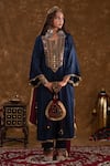 Buy_Ekavira_Blue Silk Embroidery Tribal Coins U Neck Zahra Placket Kurta Pant Set _at_Aza_Fashions