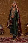 Shop_Ekavira_Green Silk Embroidery Tribal Coins U Neck Zahra Placket Kurta And Pant Set _at_Aza_Fashions