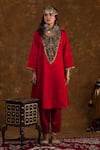 Buy_Ekavira_Red Silk Embroidery Floral Round Neck Roohi Afghani Kurta Salwar Set _Online_at_Aza_Fashions