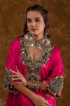 Ekavira_Pink Silk Embroidery Floral Geometric Neck Layla Tribal Chouga Kurta Salwar Set _at_Aza_Fashions