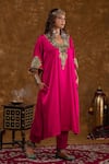 Shop_Ekavira_Pink Silk Embroidery Floral Geometric Neck Layla Chouga Kurta Salwar Set _at_Aza_Fashions