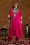 Ekavira_Pink Silk Embroidery Floral Geometric Neck Layla Chouga Kurta Salwar Set _Online_at_Aza_Fashions