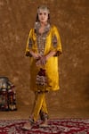 Ekavira_Yellow Silk Embroidery Floral Round Neck Rubina Tribal Kurta Tulip Pant Set _Online_at_Aza_Fashions