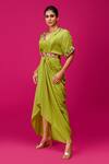 Buy Rishi And Soujit Green Bemberg Silk Placement Embroidery Geometric V Neck Draped Dress Online at Aza Fashions Buy_Rishi And Soujit_Green Bemberg Silk Placement Embroidery Geometric V Neck Draped Dress _Online_at_Aza_Fashions