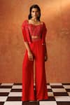 Buy_Rishi and Soujit_Red Corset - Organza Embroidery Floral Sweetheart Neck Pearl With Flared Pant _at_Aza_Fashions