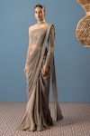 Buy_Rishi and Soujit_Grey Pre-draped Saree - Organza And Crepe Embroidery Pearls With Floral Blouse _at_Aza_Fashions