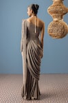 Shop_Rishi and Soujit_Grey Pre-draped Saree - Organza And Crepe Embroidery Pearls With Floral Blouse _at_Aza_Fashions