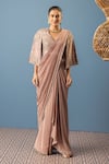 Buy_Rishi and Soujit_Pink Pre-draped Saree - Crepe Embroidery Sequin With Pearl Floral Blouse _at_Aza_Fashions