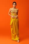 Buy_Rishi and Soujit_Yellow Bemberg Silk Embroidery Thread Sweetheart Neck Bustier And Skirt Set _at_Aza_Fashions