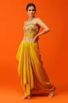 Rishi and Soujit_Yellow Bemberg Silk Embroidery Thread Sweetheart Neck Bustier And Skirt Set _Online_at_Aza_Fashions