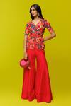 Buy_Rishi and Soujit_Red Bemberg Silk Embroidery Resham Cutwork Floral Peplum Top And Flared Pant Set _at_Aza_Fashions