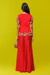 Shop_Rishi and Soujit_Red Bemberg Silk Embroidery Resham Cutwork Floral Peplum Top And Flared Pant Set _at_Aza_Fashions