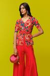 Rishi and Soujit_Red Bemberg Silk Embroidery Resham Cutwork Floral Peplum Top And Flared Pant Set _Online_at_Aza_Fashions