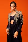 Buy_Rishi and Soujit_Blue Jacket And Bustier Bemberg Silk Embroidery Thread Blazer Flared Pant Set _Online_at_Aza_Fashions