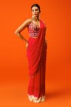 Buy_Rishi and Soujit_Ivory Blouse Bemberg Silk Embroidery Border Pre-draped Saree With Corset _Online_at_Aza_Fashions