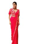 Shop_Rishi and Soujit_Red Bemberg Silk Embroidery Thread Collar Pleated Pre-draped Saree With Blouse _Online_at_Aza_Fashions