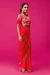 Buy_Rishi and Soujit_Red Bemberg Silk Embroidery Thread Collar Pleated Pre-draped Saree With Blouse 