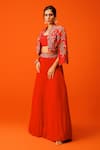 Buy_Rishi and Soujit_Red Jacket And Bustier Bemberg Silk Embroidery Resham Mandarin Collar Skirt Set _Online_at_Aza_Fashions