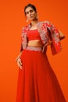 Shop_Rishi and Soujit_Red Jacket And Bustier Bemberg Silk Embroidery Resham Mandarin Collar Skirt Set _Online_at_Aza_Fashions