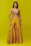 Buy_Rishi and Soujit_Yellow Embroidery Thread Cutwork Floral Waistcoat And Flared Pant Set _at_Aza_Fashions