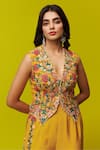 Buy_Rishi and Soujit_Yellow Embroidery Thread Cutwork Floral Waistcoat And Flared Pant Set _Online_at_Aza_Fashions