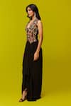 Buy_Rishi and Soujit_Black Crepe Embroidery Thread Cutwork Floral Waistcoat And Skirt Set _Online_at_Aza_Fashions