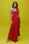 Buy_Rishi and Soujit_Red Jacket Organza Embroidery Thread Cutwork Pre-draped Saree With _at_Aza_Fashions