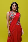 Rishi and Soujit_Red Jacket Organza Embroidery Thread Cutwork Pre-draped Saree With _Online_at_Aza_Fashions