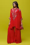 Buy_Rishi and Soujit_Red Crepe Embroidery Thread Collar Kaftan And Flared Pant Set _at_Aza_Fashions