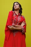 Buy_Rishi and Soujit_Red Crepe Embroidery Thread Collar Kaftan And Flared Pant Set _Online_at_Aza_Fashions